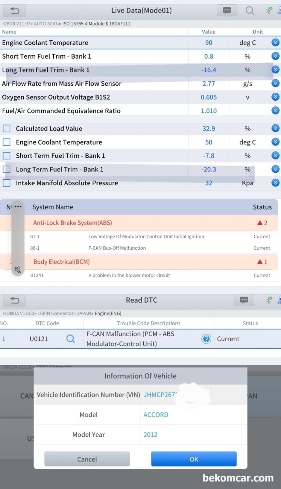 혼다 어코드 8세대 2.4L 중고차 검수과정 요약기록, 베콤카 방식, 혼다 어코드 8세대 2.4L 중고차 검수과정 요약기록, 장기연료보정값이 -16 ~ -20%까지 측정된다. 매우 우려스럽다.  ABS 고장코드 dpe ㅕ0121 F-CAN 통신 고장코드 등 전기전자 측면에서 부담스러운 상태이다. 사실 정비비용이 수백만원이 예상되며 특히 F-CAN 통신 고장코드 역시 부담스럽다.|بيكومكار  (bekomcar)