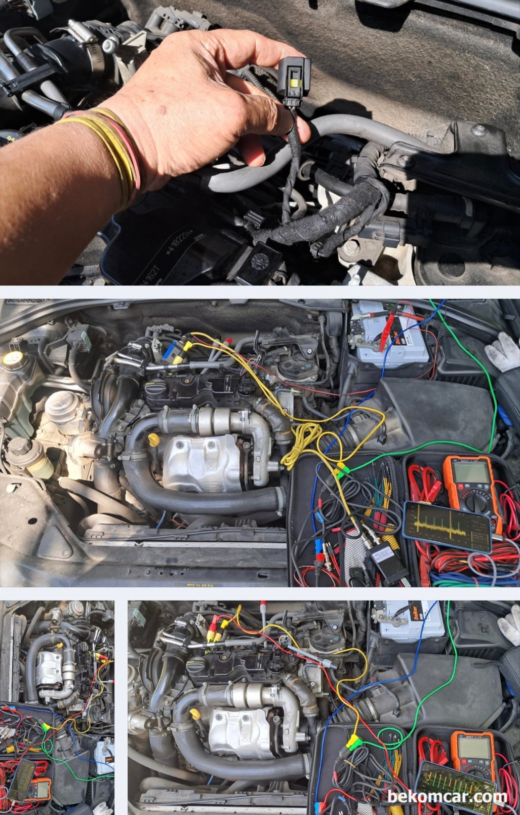 볼보 S80 P3 D2 1.6디젤 3번 인젝터 실화 P126300 및 ABS 고장코드 점검기록, 볼보 2015년 S80 P3 D2 D4162T 진단과정, 오실로스코프 를 이용하여 인젝터 전류값 및 여러가지 데이터를 수집하여  분석한다. 작업이 다 끝나면 탐침한 배선등은 마무리를 잘 해준다.|贝科姆汽车 (bekomcar)