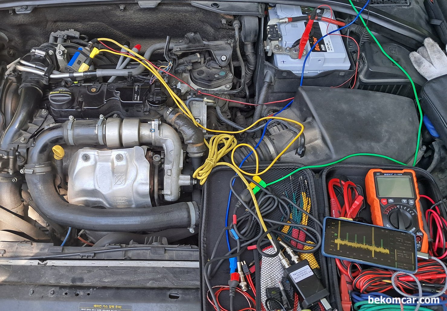메뉴얼의 중요성, Volvo S80 P3 D2 (1.6디젤, D4162T), Volvo S80 P3 D2 (1.6디젤, D4162T) 인젝터 전류 및 전압 과 ECM 시그널 측정시 #1번 실린더에 싱크해서 측정한다. 이때 볼보 S80 P3 D2 인젝터는 피에조 인젝터에 그라운드 풀 다운 펄스제어 이기 때문에 파형분석시 참고한다. 이것 깜박하고 놓치면 파형 분석시 해갈릴 수 있기때문이다.|ベコムカー (bekomcar)