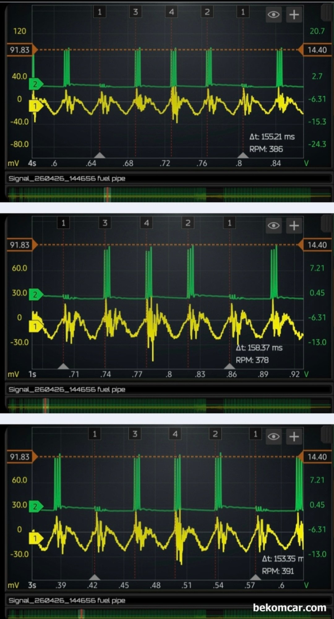 볼보 S80 P3 D2 1.6디젤 P126300 3번 인젝터 고장관련 실화점검, 스코프 파형, 볼보 S80 P3 D2 1.6디젤 P126300 3번 인젝터 고장 관련 실화 점검, 엔진룸 연료 파이프 에서 인젝터 진동 센서를 이용하여 파형을 측정한다. 여러 시점에서 인젝터 분사량 상태를 분석한다. 사실상 #4번은 거의 반복적으로 약간의 차이가 있지만 대체적으로 4개 실린더에서 큰 차이가 없다.|بيكومكار  (bekomcar)