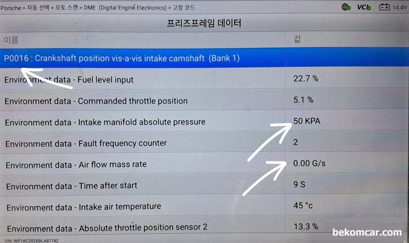 고장상황 데이터 (프리즈 프레임, Freeze Frame Data) 가 왜 중요한가요?, 고장상황 데이터를 잘 보면 여러자료중에서 고장코드 발생당시 시점이, 시동후 9초이내 발생하는 고장코드이다. 상당한 의미가 있는 내용이다. P0016 뱅크1 크랭크 캠새프트 타이밍 고장코드 재 확인시 가능한 이 시간내에 확인해야 한다는 의미이기 때문이다.|베콤카 차량정밀진단