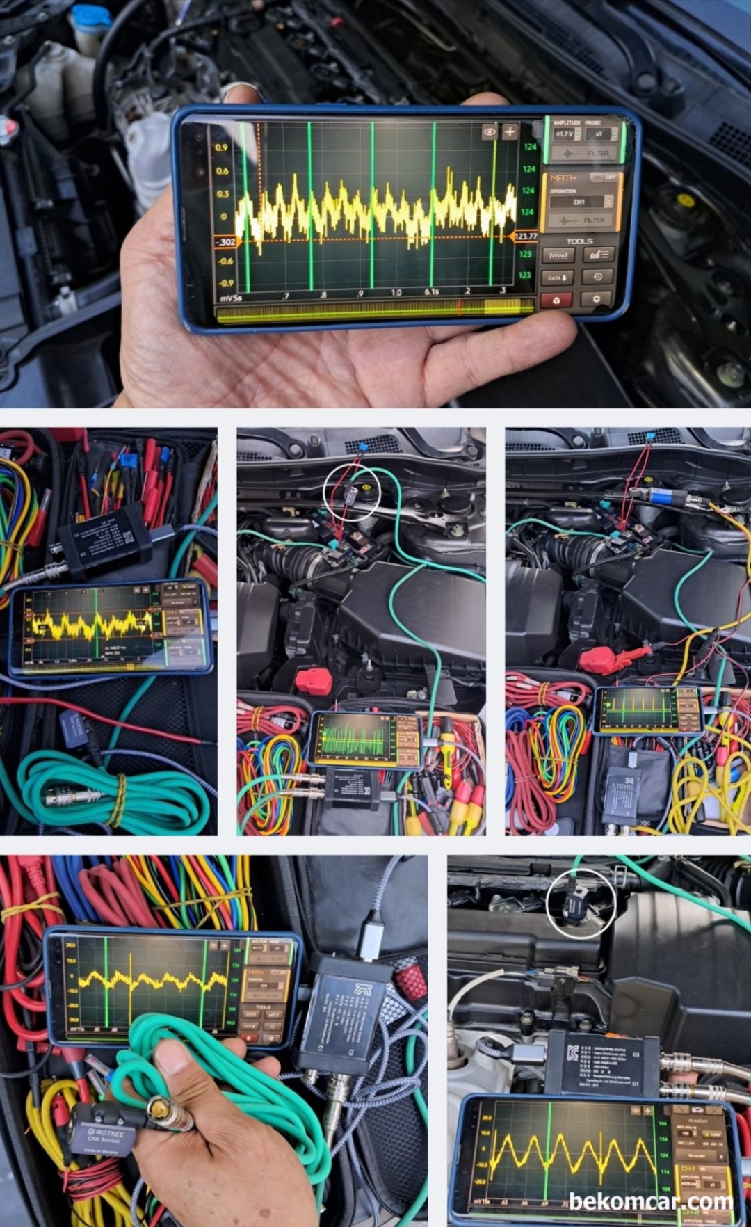 혼다 어코드9세대 다양한 진단방법 및 신제품 실험결과 기록, 혼다 어코드 9세대 2.4L DOHC 엔진, 진동센서, 압력센서 등 다양한 측정센서를 이용하여 오실로스코프 파형을 분석하는 과정이다. 승용차 트럭 요트 바이크 등 사실상 모든 엔진진단에 적용될 수 있다.|bekomcar.com