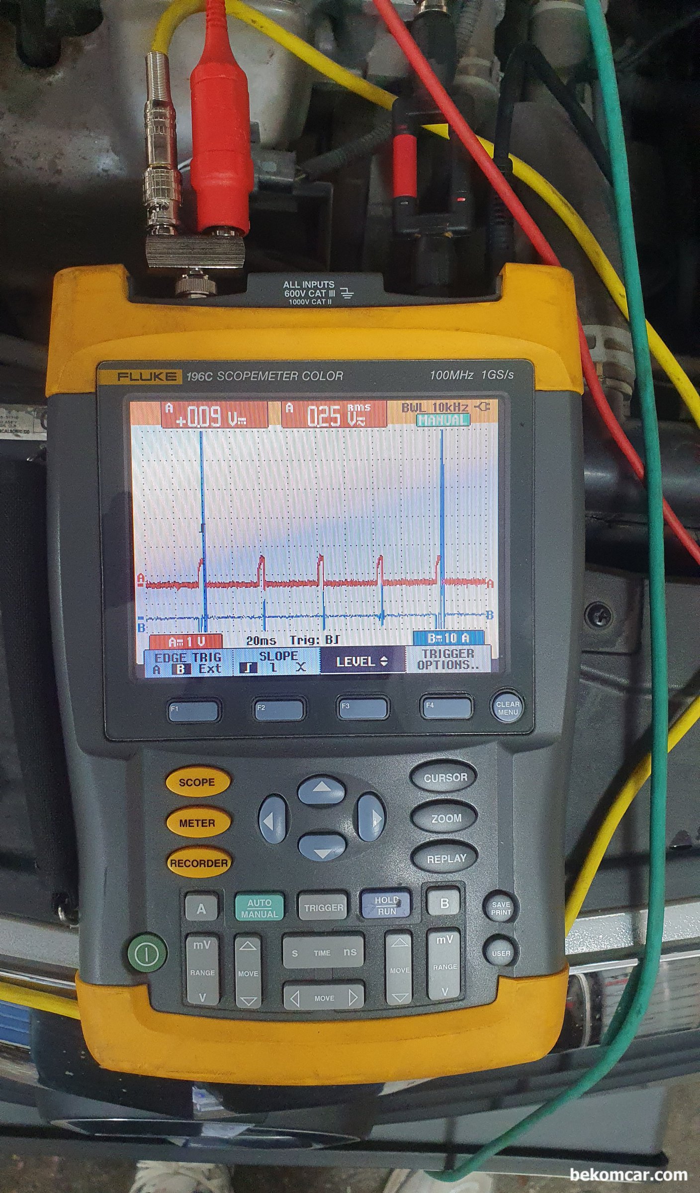 FLUKE 196C 스코프미터 & ROTKEE TL MIX4 and LX1, 플루크 196C는 단독접지이기에 BNC스플리터 를 사용해서 접지를 해준다. 스코프는 단독접지 와 공통접지 하는것이 있으니 사용하는 스코프 특성을 아는것도 좋다. 파란색이 #1번 실린더 싱크채널 그리고 빨긴색이 점화코일 시그널 이다. 점화순서는 1 3 4 2 번 실린더 이다.|بيكومكار (bekomcar)