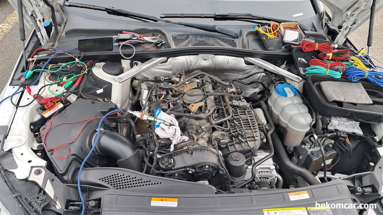 Audi A4 2016 EA888 GEN3 B9 Inspection Summary (Possible timing & head gasket leak), Tools used are HS512Max oscilloscope, PS16 in cylinder pressure transducer and other necessary probes and accessories. The focus on engine integrity and transmission shift and test drive experiences. Also, any structural damage and anything abnormal.|بيكومكار  (bekomcar)