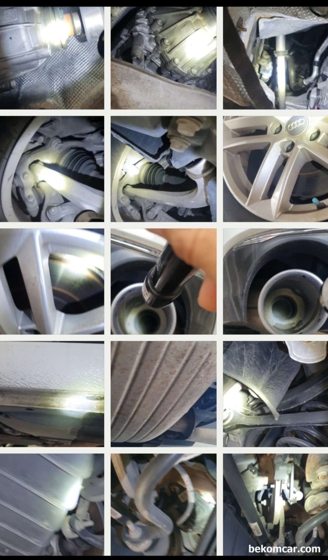Audi A4 2016 EA888 GEN3 B9 Inspection Summary (Possible timing & head gasket leak), Engine room looks quite good, no water or oil leak and all seem in good shape with the original VW genuine parts. Under body also in good shape, no structural damage or oil or water leak. Upper and lower control arms, sway bars, bushings all look normal wear. Nothing to worry about engine room, under body, exterior or interior.|بيكومكار  (bekomcar)