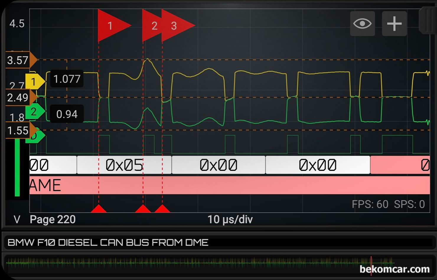 BMW DME에서 측정한 캔통신 파형에러중 CRC 에러파형, 베콤카 정비인 워크샵중 캔통신 파형 실습과정에서 측정된 캔 통신 CRC 에러 파형이다. 깃발 2번이 Rising으로 인식되고 있는데 사실은 Rising이 되면 안되는 영역이다. 원래는 3번 깃발까지 Rising 파형이 없어야 한다. 2번 깃발부분이 Dominant 가 되어야 하는데 Recessive 로 해석되는 오염된 파형이다. 바로 CRC 에러의 원인이다. 대부분 '원치않는 저항' 등이 원인이다.|ベコムカー (bekomcar)