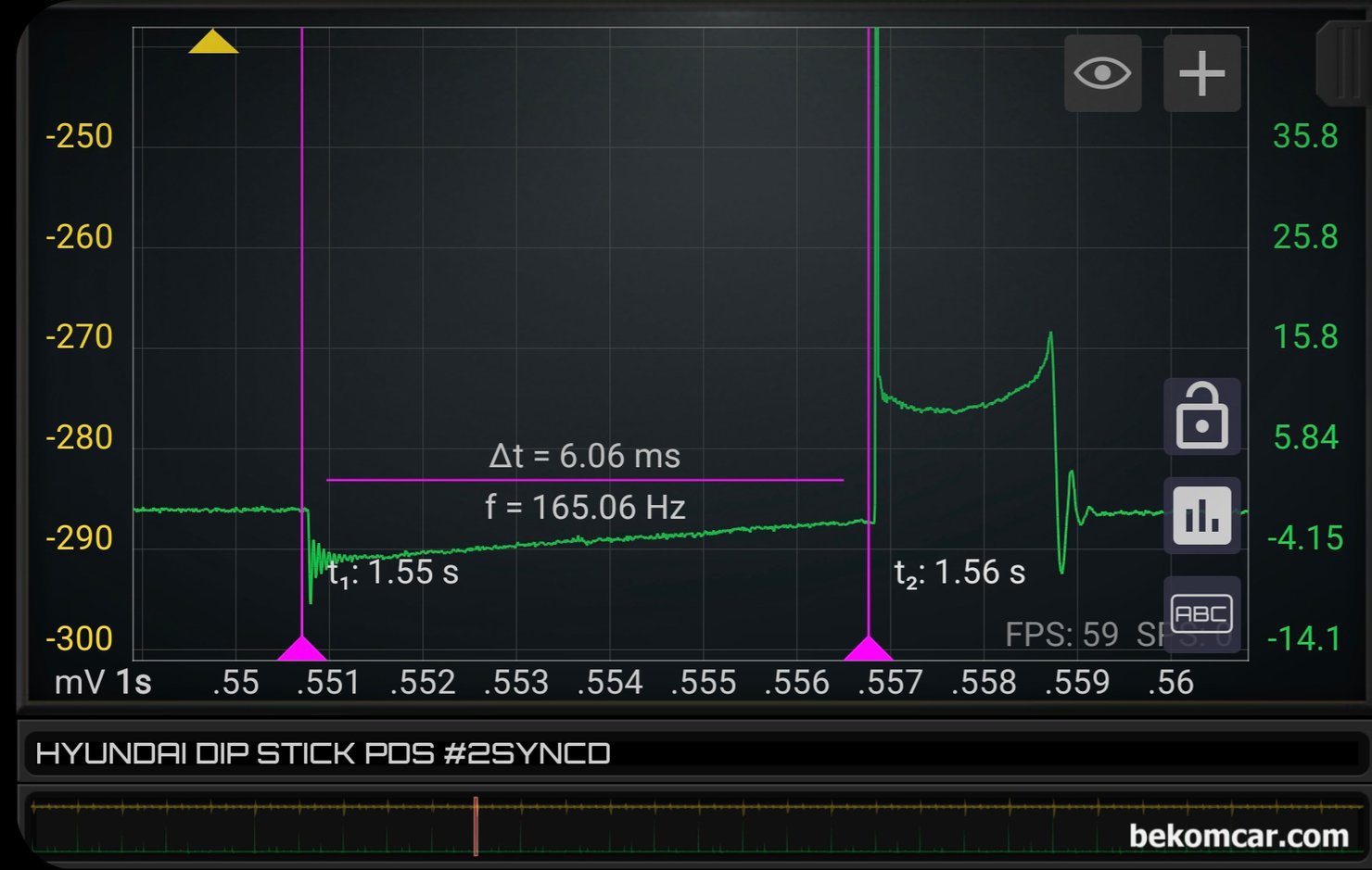 XG 점화파형 과 피스톤링 누설 파형측정 기록, 베콤카 정비인 워크샵과정, 점화2차 파형을 확대하여 살펴본다. 코일작동 구간 (Dwell time) 이 약 6.06ms 로 좀 긴편이다. 그리고 시작시 맥동도 확인된다. 이 파형이 의미기 있는것이 지금까지는 대부분 COP 방식의 점화코일에서 파형을 측정했으나, 이번에는 점화코일 와이어에서 점화 파형을 측정한 것이다. Waste Spark 점화 시스템이다.|ベコムカー (bekomcar)