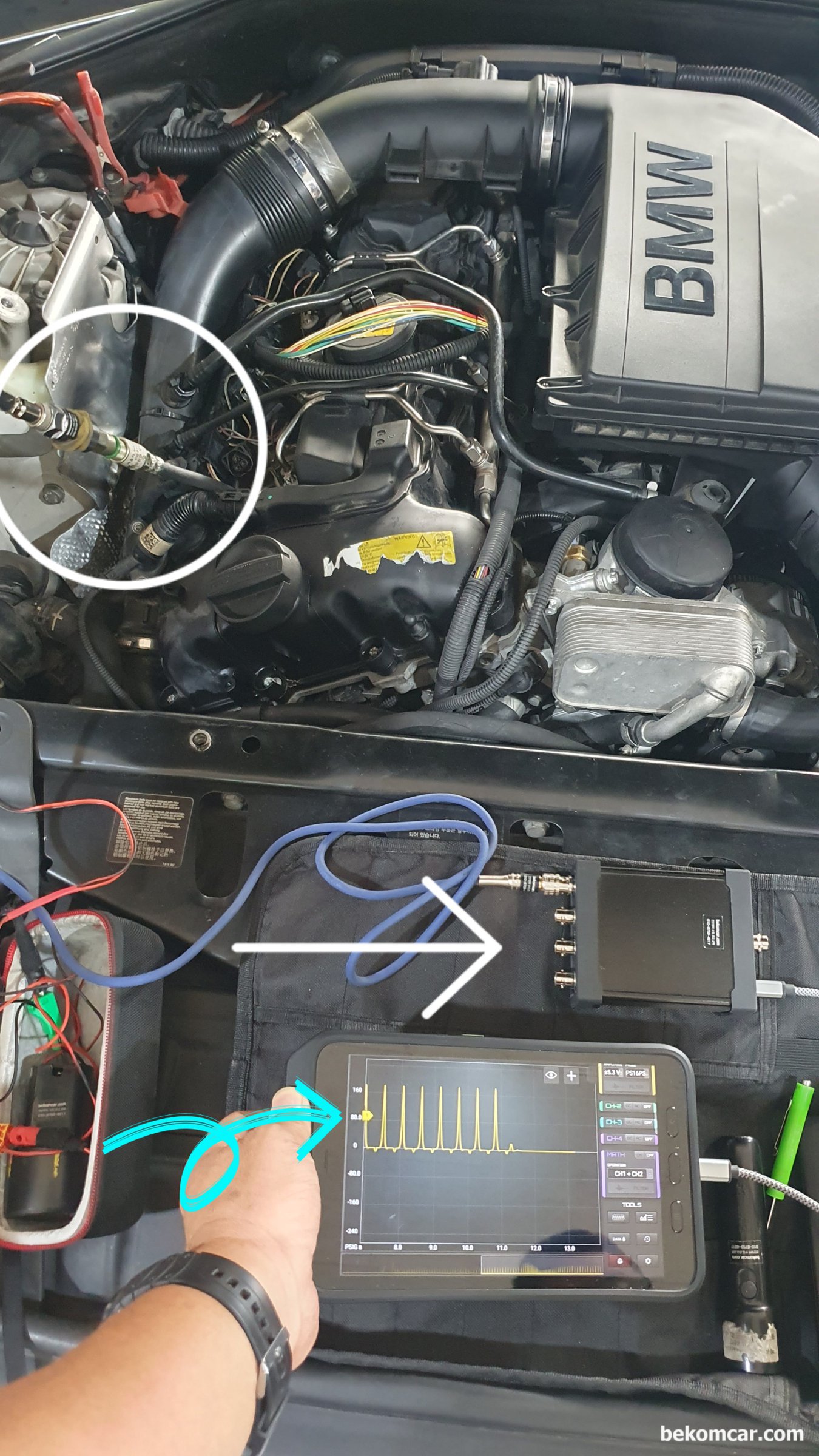 BMW 640i N55 3 0L 터보 #1번 실린더 압축압력 파형, 정밀파형 분석이 가능할 HS514 오실로스코프 와 PS16 실린더압축압력센서 In Cylinder Pressure Transducer 를 사용했다. 베콤카 진단자량은 BMW 640i N55 3 0L 터보. #1번 실린더에서 압축압력 파형을 측정했다.|bekomcar.com