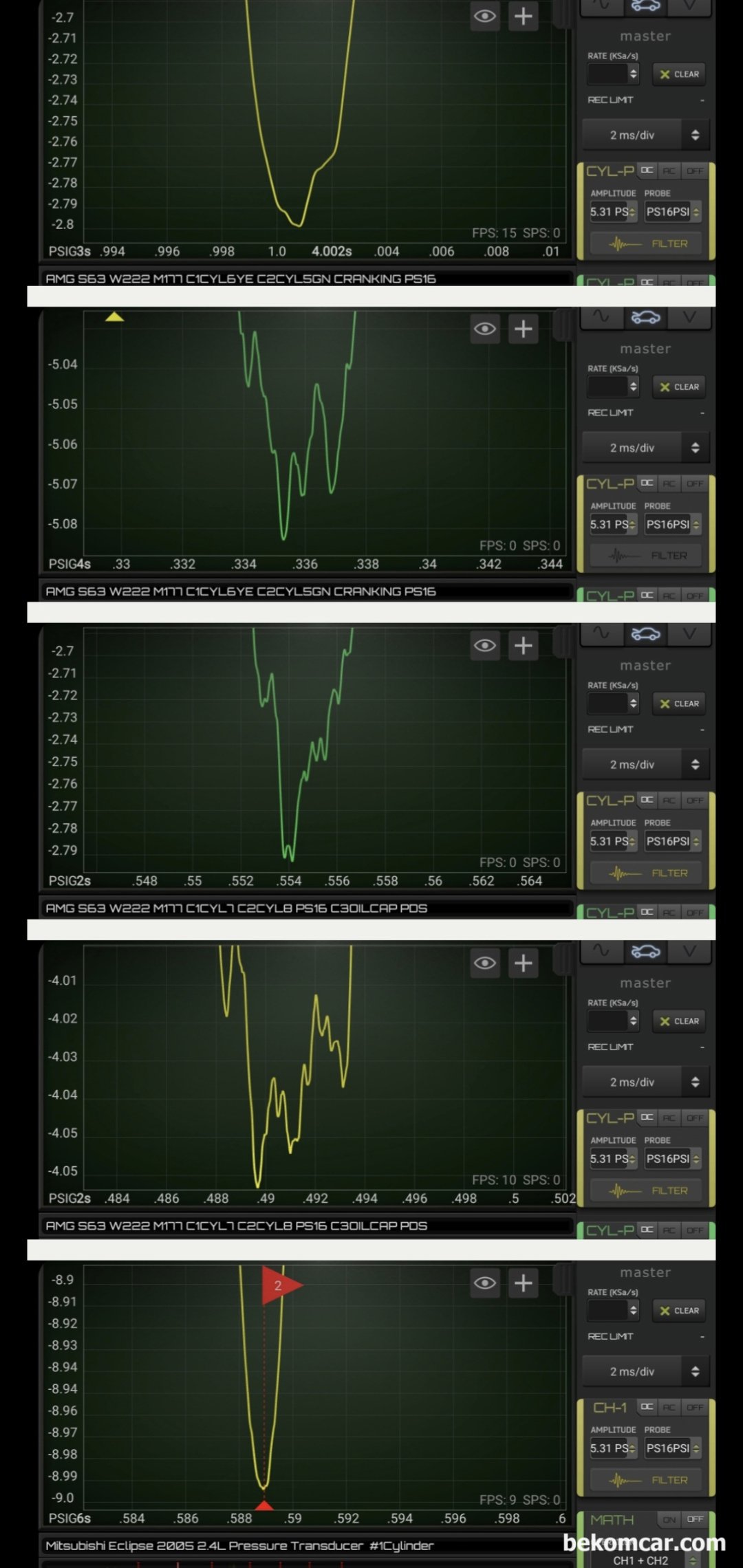μs/DIV 까지 정밀진단 가능한 HS512Max HS514 오실로스코프 & PS16, 배기밸브열리는 (EVO) 시점의 실린더압축압력 파형이다. 엔진헤드 와 밸브시팅이 잘 되어 있는지 누설이 있는지 카본이 많이 쌓여 있는지 등 밸브시탕 상태 정밀 분석에 사용된다. 가장 아래부분 미쯔비시 이클립스 차량의 밸브시팅 부분 과 나머지 차량의 밸브시팅 부분 파형에 큰 차이가 있는것이 확인된다.|بيكومكار  (bekomcar)