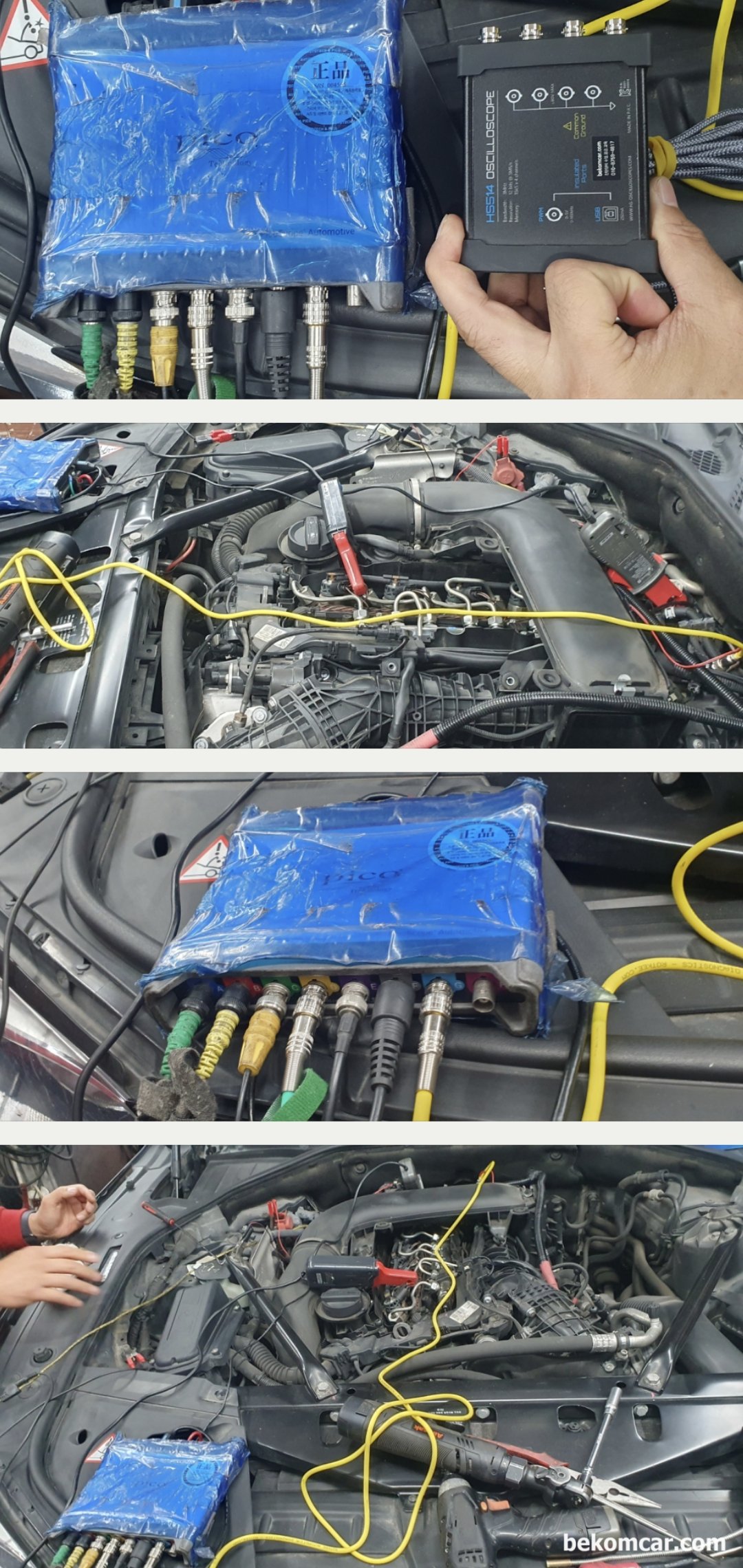 BMW F02 LCI 730Ld 디젤엔진 실린더압축압력 측정기록, 정비소 업무지원, 베콤카 고객 정비소에서 사용하는 피코 8채널 스코프에 ROTKEE CKD진동센서 와 PS100 실린더압력센서를 연결했다. 추가로 CKP & CMP 와 싱크채널 도 #1번 인젝터에 연결하여 파형 분석을 한다. 타이밍 체인 늘어진 것이 확인되었으니 소음의 출처는 정확히 결정하지는 못 했다. 다만 #6번 실린더 부분에서 소음이 강하다 는것은 확인되었다.|ベコムカー (bekomcar)