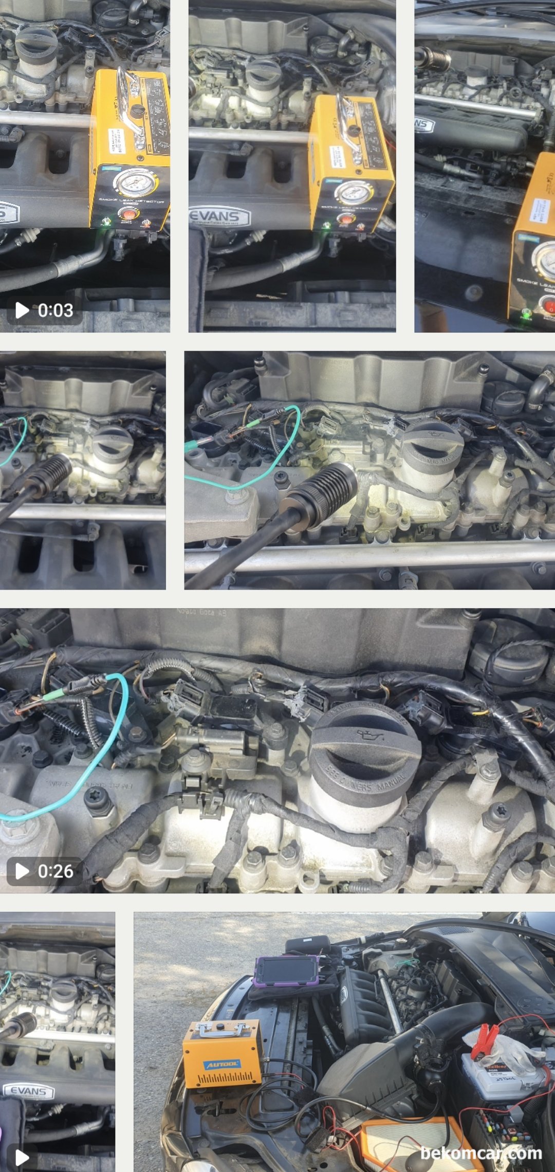 볼보 2014년형 S80T6 3.0L 트윈 스크롤 터보차량 P0171 공연비희박 진단.정비 기록, 볼보 2014년형 S80T6 3.0L 트윈 스크롤 터보차량 P0171 공연비희박 진단.정비 기록이다. 스모크 머신으로 공기 누설 테스팅을 한다. 엔진오일 캡 에서 공기누설이 확인되는 과정이다. 다른곳은 공기 누설이 없다.|بيكومكار (bekomcar)