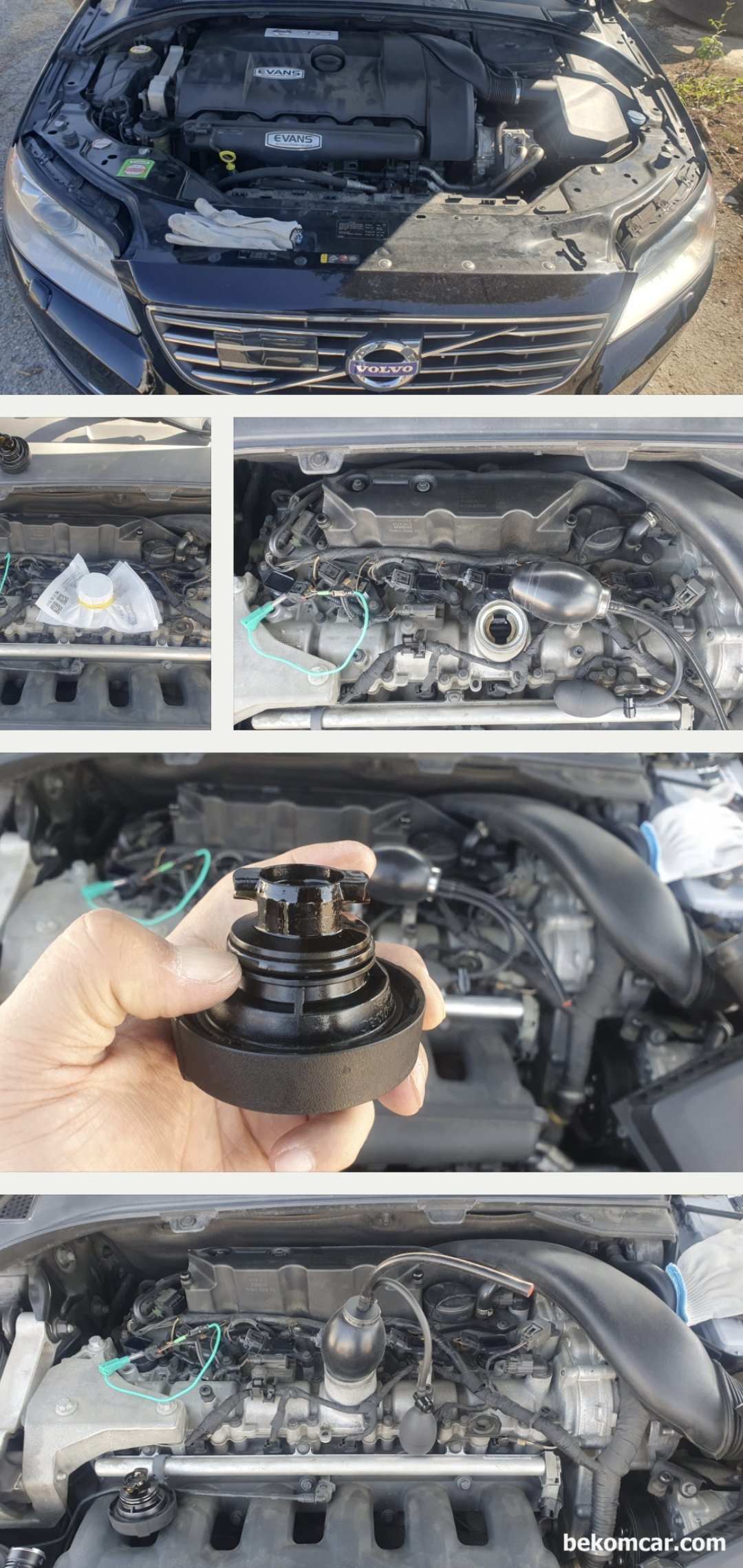 볼보 2014년형 S80T6 3.0L 트윈 스크롤 터보차량 P0171 공연비희박 진단.정비 기록, 볼보 2014년형 S80T6 3.0L 트윈 스크롤 터보차량 P0171 공연비희박 진단.정비 기록이다. 엔진오일 캡 가스켓이 딱딱해지고 탄력이 없는 상태이다. 비닐로 밀봉하고 시동걸어 공연비 데이터를 확인하는 과정이다. 엔진오일 캡 막고 측정하니 공연비 데이터가 사실상 1.0%이내이다.|بيكومكار (bekomcar)