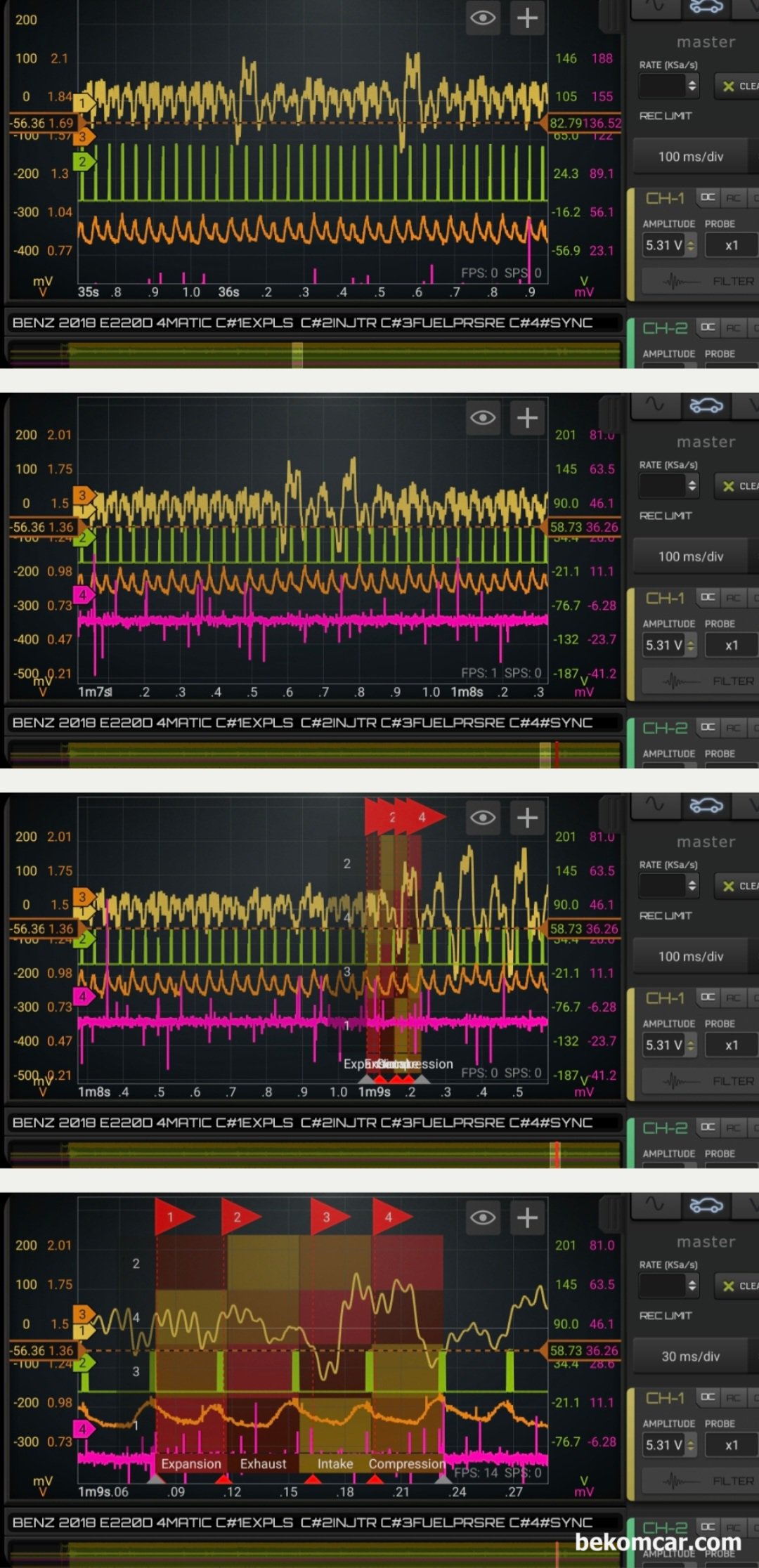 엔진진단기초, 실화 부조. 인젝터 연료압력 배기펄스 분석, 부조 진단 차량은 벤츠 2018년 E220D V4 4MATIC 차량 부조.실화 진단. 고장코드 없는 상태이다. 간헐적인 실화가 확인되 3번 실린더가 간헐적이면서 규칙적으로 실화로 측정된다. 연료공급이나 ECU인젝터제어 그리고 인젝터 1 ~ 4번 실린더 제어시그널 & 약 60V 전압등 모두 정상이다.|베콤카, 차량정밀진단